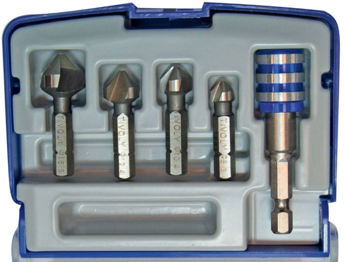 Сверло (зенкер) Tivoli по металлу 4 детали + битодержатель с магнитом. 900, ØD=8,3-16,5 мм, быстрорежущая сталь. Шестигранник 1/4", "Полубокс"