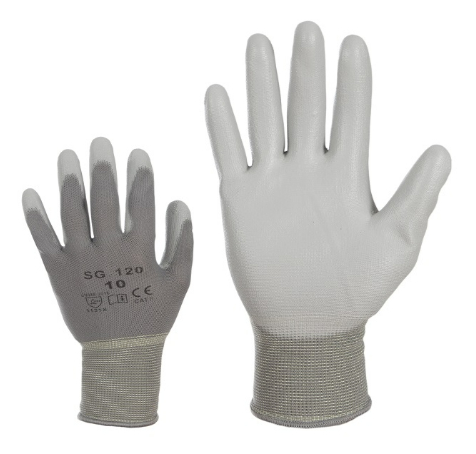 Тонкие перчатки из полиэстера с полиуретановым покрытием на ладони, серые.