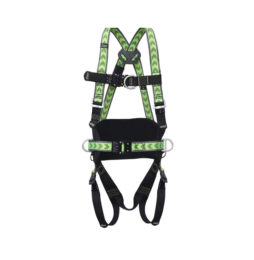 Страховочная привязь Kratos Akros 3 с ремнем для рабочего положения и автоматическими пряжками размеров L, XL, XXL