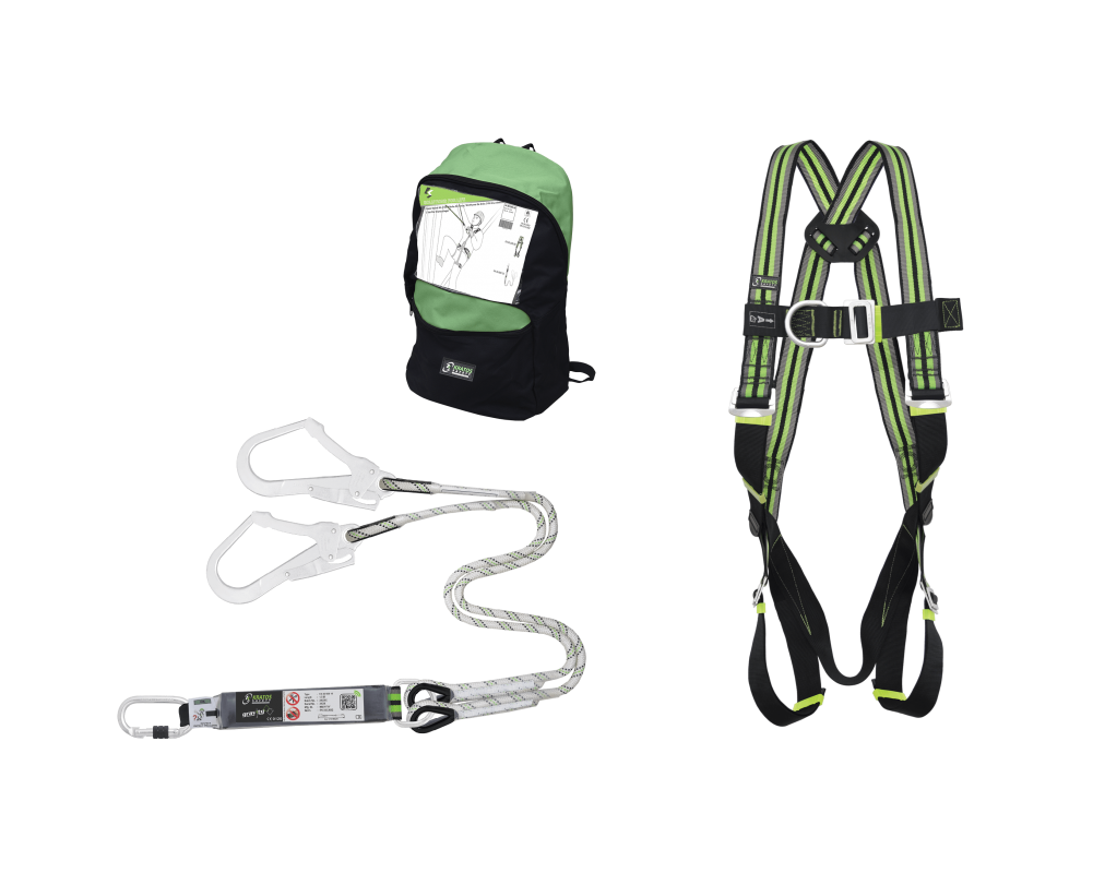 Комплект безопасности Kratos: ремни безопасности + страховочный трос с двумя зубцами.