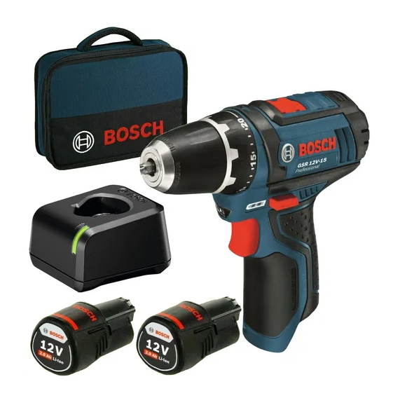 Аккумуляторная дрель-шуруповерт Bosch GSR 12В-15, аккумулятор 2х12В 2.0Ач, зарядное устройство и кейс для переноски